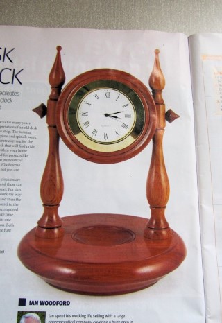 Photo from woodturning mag of the clock stand as it would be in it's finished state